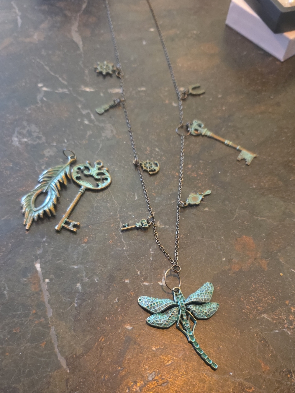 Patina Dragonfly Pendant Necklace - Green Accent Home Accent